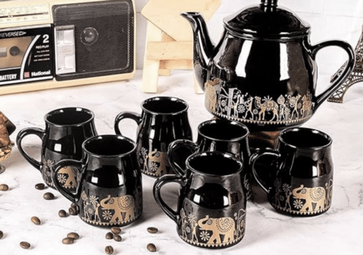 ROXX Pure Ceramic Pastel Flask Microwave Safe Tea/Coffee Cups with Kettle Morning Set Ideal for Friends, Anniversary, Valentine Day, Birthday/1 Kettle + 6 Tea Cups (Multicolor) (Black) - Image 3
